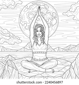 Mujer haciendo yoga en la naturaleza. Luna llena. Colorante libro antiestrés para niños y adultos. Ilustración aislada sobre fondo blanco. Estilo zenano-margino. Dibujo manual