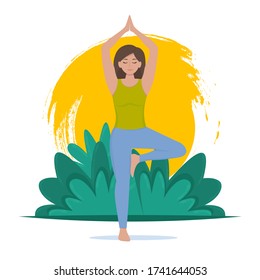 Woman doing yoga in nature leaves background. Vector illustration in flat style