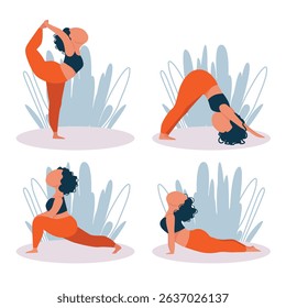 Woman doing yoga in nature leaves background. Vector set of illustrations in flat style