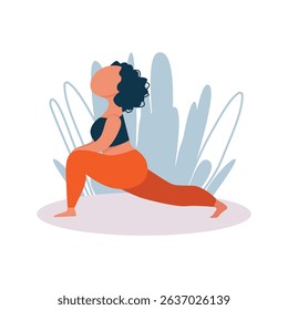 Woman doing yoga in nature leaves background. Vector illustration in flat style