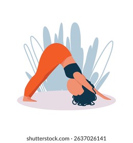 Woman doing yoga in nature leaves background. Vector illustration in flat style