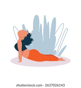 Woman doing yoga in nature leaves background. Vector illustration in flat style