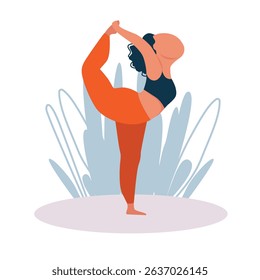 Woman doing yoga in nature leaves background. Vector illustration in flat style