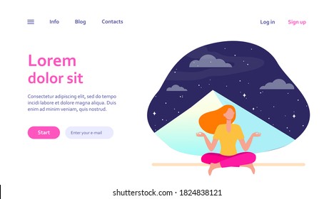 Woman doing yoga at night. Meditating girl sitting in lotus pose at mountain peak flat vector illustration. Meditation, lifestyle, wellness concept for banner, website design or landing web page