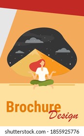 Woman doing yoga at night. Meditating girl sitting in lotus pose at mountain peak flat vector illustration. Meditation, lifestyle, wellness concept for banner, website design or landing web page