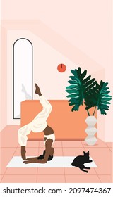 A woman doing yoga at noon - a concept illustration of healthy lifestyle at home