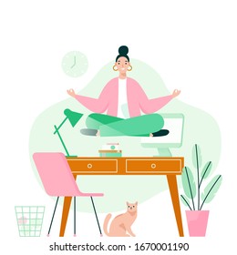 Woman doing yoga in office over desktop. Woman meditating to calm down the stressful emotion from hard work. Concept vector illustration.