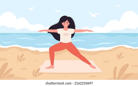 Woman doing yoga on beach. Hello summer, summer leisure, vacation. Healthy lifestyle, self care, yoga, meditation. Hand drawn vector illustration