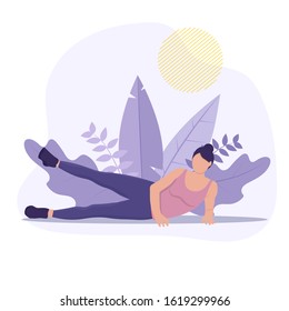 Woman doing yoga on leaves background. Health concept. Vector illustration in flat style