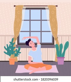 Woman doing yoga on mat inside the room. Young and beautiful girl sitting on carpet in lotus position. Female character taking care of her health, leads a healthy lifestyle, doing relaxation exercises
