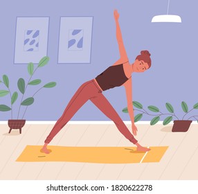 Woman doing yoga on mat at home vector flat illustration. Sportswoman practicing domestic workout. Female enjoying physical activity and healthy lifestyle. Active person during aerobics exercise