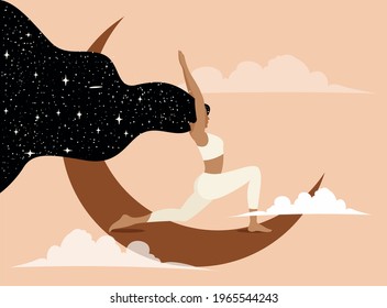 Woman doing yoga on the Moon. Conceptual illustration for yoga class promotion banner or poster or social network promotion. Trendy pastel colored vector illustration.