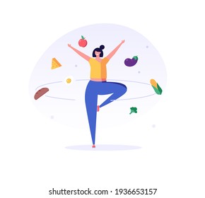Woman doing yoga on the street. Сoncept of fitness marathon, proper nutrition, healthy food, weight management, beautiful body, vegetables, slimming. Vector illustration in flat design