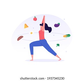 Woman doing yoga on the street. Сoncept of fitness marathon, proper nutrition, healthy food, weight management, beautiful body, vegetables, slimming. Vector illustration in flat design