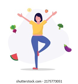 Woman doing yoga on the street. Сoncept of fitness marathon, proper nutrition, healthy food, weight management, beautiful body, vegetables, slimming. Vector illustration in flat design