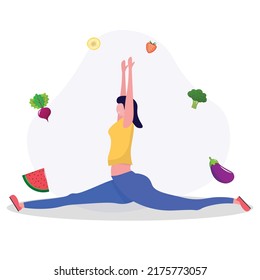 Woman doing yoga on the street. Сoncept of fitness marathon, proper nutrition, healthy food, weight management, beautiful body, vegetables, slimming. Vector illustration in flat design