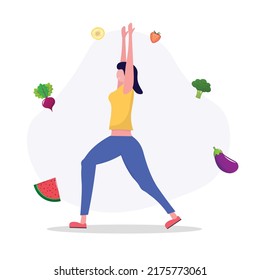 Woman doing yoga on the street. Сoncept of fitness marathon, proper nutrition, healthy food, weight management, beautiful body, vegetables, slimming. Vector illustration in flat design