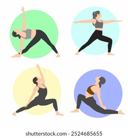 a woman doing yoga on a white background with a circle in the middle.