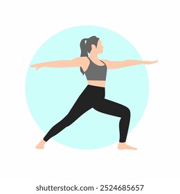 a woman doing yoga on a white background with a circle in the middle.