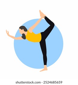 a woman doing yoga on a white background with a circle in the middle.