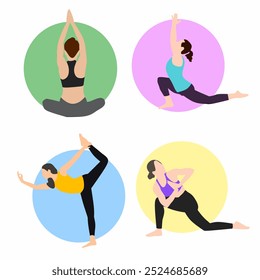 a woman doing yoga on a white background with a circle in the middle.