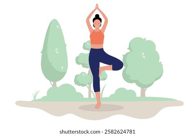 Woman doing yoga outdoors - Person standing in yoga pose smiling and enjoying leisure activity in park or forest nature. Flat design vector illustration on white background