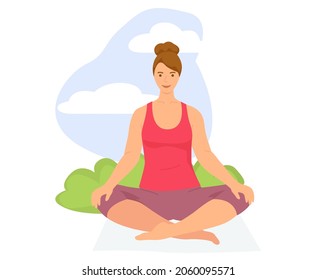 Woman doing yoga outdoors, sitting in lotus position doing asanas. Healthy lifestyle, training and sports. Exercises for stress relief and relaxation. Girl meditates sitting on green lawn in garden