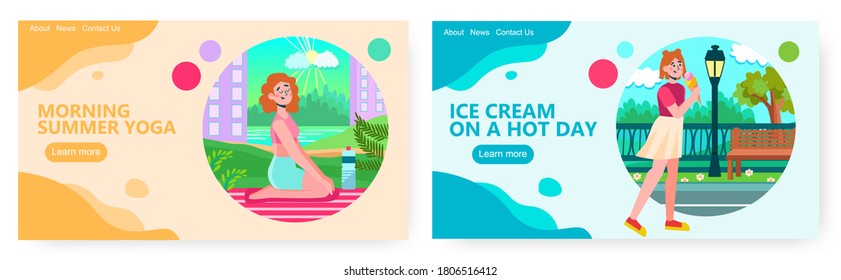 Mujer haciendo yoga afuera en un parque. Ilustración del concepto del tiempo de verano. Plantilla de diseño de sitios web vectores. La joven disfruta de su helado y camina por una calle. Fin de semana de verano