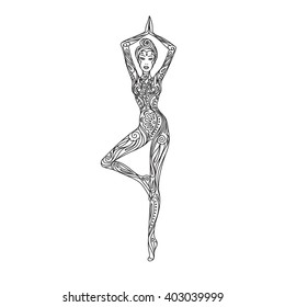 Woman doing yoga, painted pattern, ornament beautiful card. Yoga pose of woman single line, girl practicing yoga, tattoo, print and logo design, isolated vector illustration.