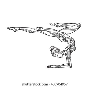 Woman doing yoga, painted pattern, ornament beautiful card. Yoga pose of woman single line, girl practicing yoga, tattoo, print and logo design, isolated vector illustration.
