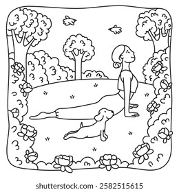 Woman doing yoga in the park, coloring book