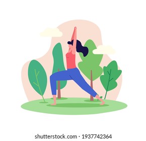 Woman doing yoga in the park. Concept of outdoor fitness, outdoor yoga, group exercise in park, fitness outdoors, sports lifestyle. Vector illustration in flat design

