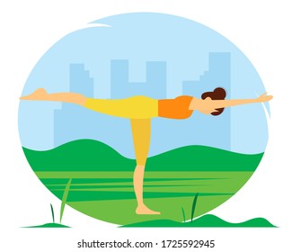 Woman doing yoga in the park. Illustration of the concept of a healthy lifestyle, physical exercise, yoga. Vector illustration in flat style. 