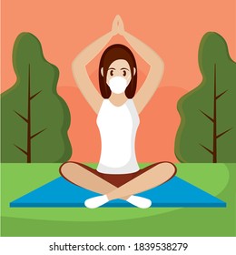 woman doing yoga in the park with mask coronavirus protection - vector