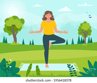 Woman in doing yoga in the Park. Relaxing healthy fitness concept. Summer activity. Vector illustration in flat style