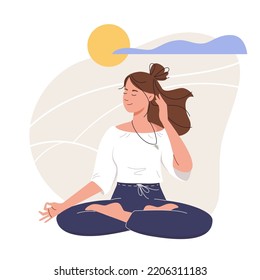 Woman doing yoga. Physical and spiritual practice. Young woman sitting yoga lotus pose.Concept  healthy lifestyle. Vector cartoon illustration