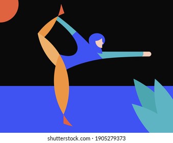 woman, doing yoga or pilates exercise. Warrior pose from yoga. Vector illustration