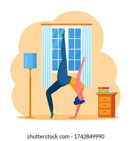 Woman doing yoga, pilates at home. Girl doing exercises near window. Home training, stretching. Sport activity. Vector cartoon design