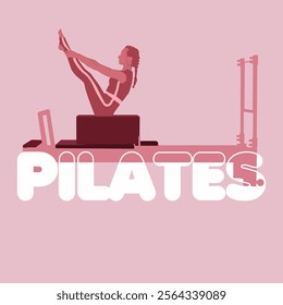 Woman doing Yoga, Pilates simple logo style icon. Slim girl doing pilates. Hand drawn pink silhouette Vector illustration. Weight Loss. Health care and lifestyle concept. Female yoga.