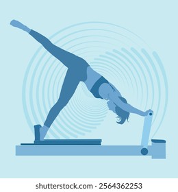 Woman doing Yoga, Pilates simple logo style icon. Slim girl doing pilates. Hand drawn blue silhouette Vector illustration. Weight Loss. Health care and lifestyle concept. Female yoga.