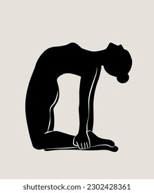 Mujer haciendo Yoga, Pilates. Niña delgada haciendo yoga. Ilustración de la silueta negra dibujada a mano Vector. Pérdida de peso. El concepto de salud y estilo de vida. Yoga femenino.