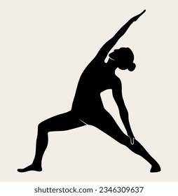 Woman doing Yoga, Pilates. Slim girl doing yoga. Hand drawn black silhouette Vector illustration. Warrior pose. Health care and lifestyle concept. Female yoga.