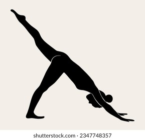 Woman doing Yoga, Pilates. Slim girl doing yoga. Hand drawn black silhouette Vector illustration. Downward facing dog pose. Health care and lifestyle concept. Female yoga.