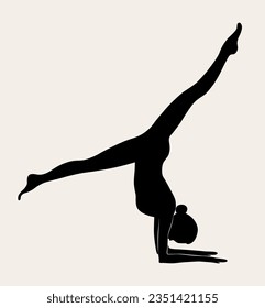 Woman doing Yoga, Pilates. Slim girl doing yoga. Hand drawn black silhouette Vector illustration. Downward facing dog pose. Health care and lifestyle concept. Female yoga.