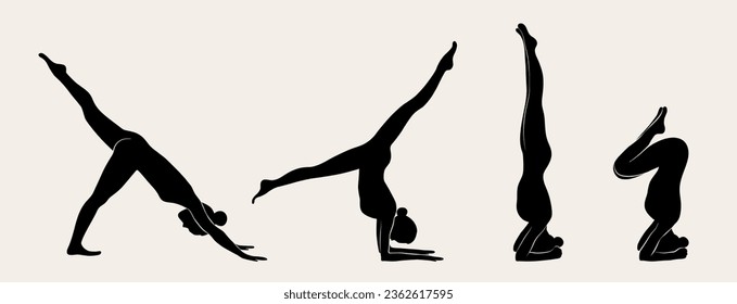 Woman doing Yoga, Pilates step by step. Young slim girl doing yoga. Hand drawn black silhouettes Vector illustration. Weight Loss. Health care and lifestyle concept. Female yoga. Standing on head.