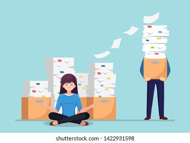 Woman doing yoga. Pile of paper, busy businessman with stack of documents in carton, cardboard box. Paperwork. Bureaucracy. Worker meditating, relaxing, calm down manage stress. Stressed employee