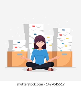 Woman doing yoga. Pile of paper, busy stressed employee with stack of documents in carton, cardboard box. Paperwork. Bureaucracy. Worker meditating, relaxing, calm down manage stress. Vector design
