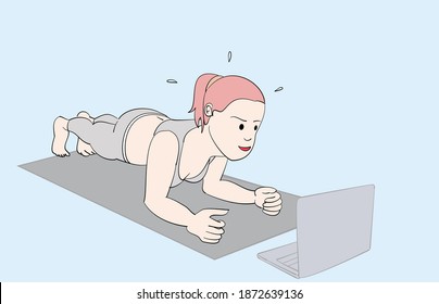 Woman doing yoga plank indoor, and watching online tutorials on laptop. Hand drawn style vector design illustrations