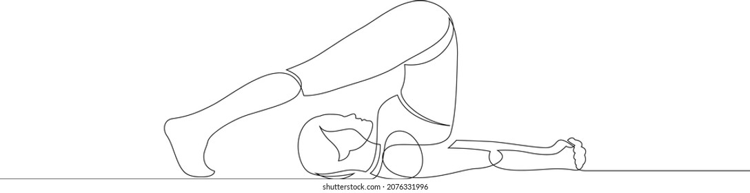 Woman doing yoga plough pose. Continuous line drawing. Linear asana vector illustration.