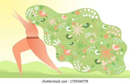 Woman doing yoga pose with big floral hair. Relaxing in nature, Abstract vector illustration.
